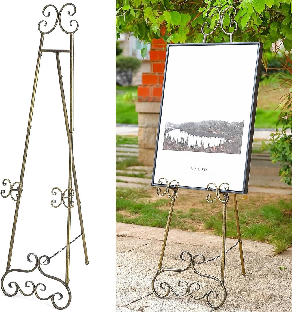 56" H Metal Scroll Extra Large Free Standing Adjustable Display Easel, Vintage Decorative Floor Display Stand Easel with Chain Support for Picture Frame Wedding Sign