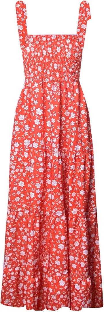 kinstell Women's Summer Boho Spaghetti Strap Square Neck Ruffle Casual Flowy Long Dress Beach Swing Party Maxi Dress (Red, S)