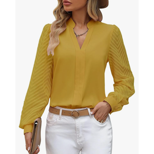 Womens Tops Dressy Casual Sheer Long Sleeve V Neck Shirts Loose Flowy Chiffon Business Work Blouses Size XXL