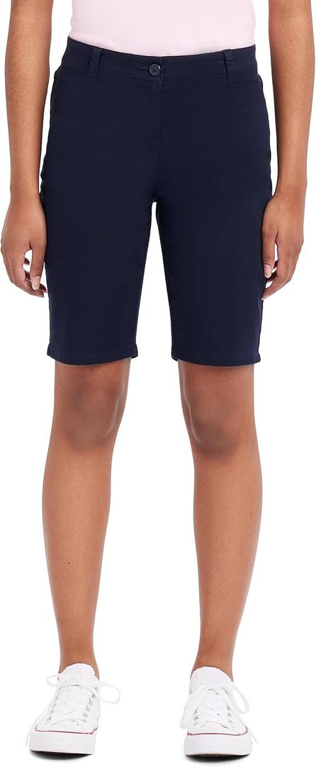 IZOD Juniors Uniform Bermuda Shorts, Skinny Style with Hook & Eye Closure, Stretch Twill Fabric (Blue)