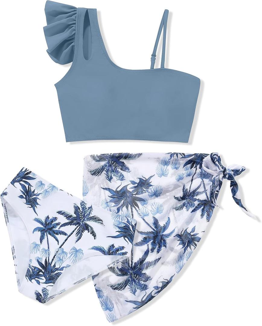 Girls Swimsuits Hawaiian Teen Bathing Suits 3 Piece Tropical Floral Ruffle Strap Bikini Set with Cover Up Skirt 9-16T (Blue)