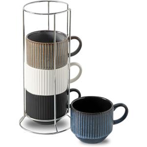 Ceramic Coffee Mugs with Stand,15 Ounce Stackable Coffee Cups Set of 4 for Latte,Cappuccino,Mocha,Cocoa,Ribbed Vintage Coffee Cups for Men Women,Dishwasher & Microwave Safe,Striped Multicolor