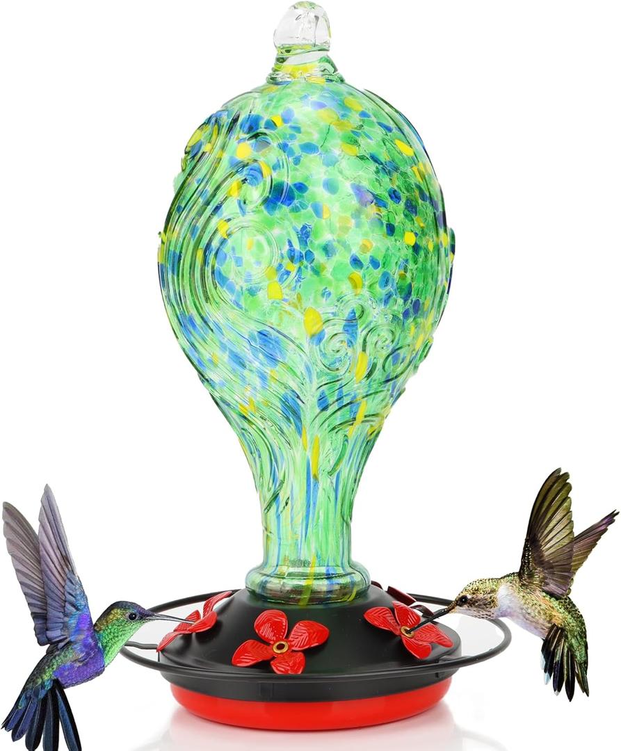 Hummingbird Feeder 32 OZ Hummingbird Feeders for Outdoors Hanging Attractive Hand Blown Glass 5 Feeding Ports & Metal Base Ant Moat Hook Leakproof Gasket Anti-Rust Feeder for Garden Backyard Dcor (Oasis)