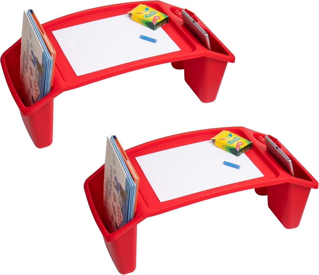 Mind Reader Kids Lap Desk, Portable Activity Tray with Side Storage, Stackable Plastic Desk for Drawing, Snacks, Study, Set of 2, Red
