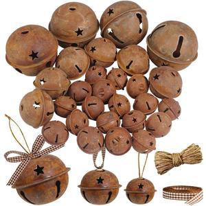 Winlyn 28 Pack Rusty Jingle Bells with Star Cutouts Christmas Sleigh Bells Rustic Metal Craft Bells Star Bells with Jute Rope Ribbon for Holiday Season Primitive Country Dcor 3 Sizes 1.6" 2.4" 3.5"