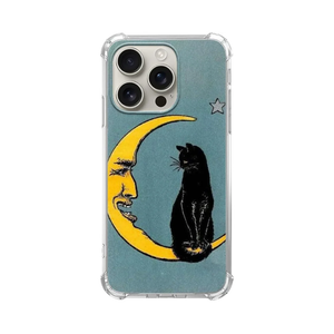 Vintage Moon and Black Cat Phone Case Compatible with iPhone 16 Pro, Hippie Trippy Cat and Moon Case for iPhone 16 Pro, Trendy Cool TPU Bumper Phone Case Cover