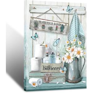 Asunygirl Bathroom Blue Wall Art Wash Your Hands Daisy Butterfly 16x24 Inch