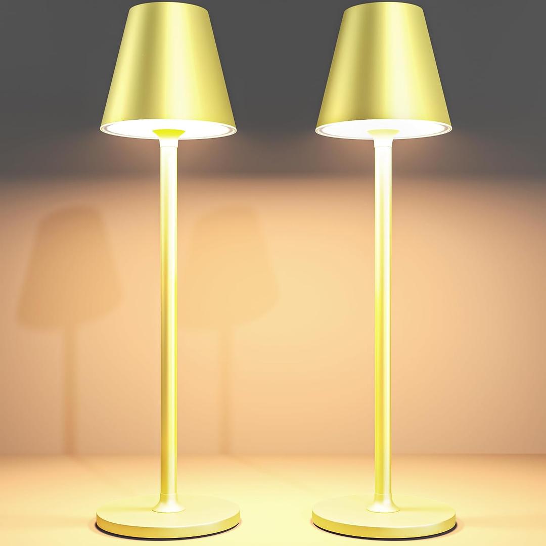 Timjorman 2-Pack Cordless Table Lamps - 5000mAh Rechargeable Battery Operated Desk Lamp, 3-Level Dimmable LED Night Light for Bedroom, Dining, Restaurant - Metal Design (Champagne Gold 2Pack)