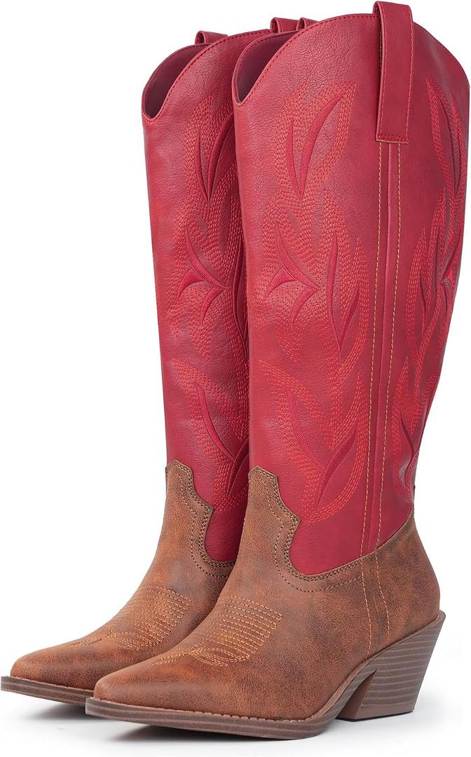 Hawkwell Cowgirl Boots Women Knee High Boots Snip Toe and Block Heel Cowboy Faux Leather Western Boots with Embroidered and Side Zipper, Retro Classic Country Boots Pull On for Ladies Party Shoes (Red)