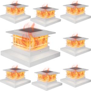 Dynaming 8 Pack Solar Post Cap Lights Outdoor with Flickering Flame Light, White Shell Fence Post Solar Lights Fit 4x4 5x5 Vinyl/Wooden Posts, Brightness LED Lighting Decor for Garden Deck Patio