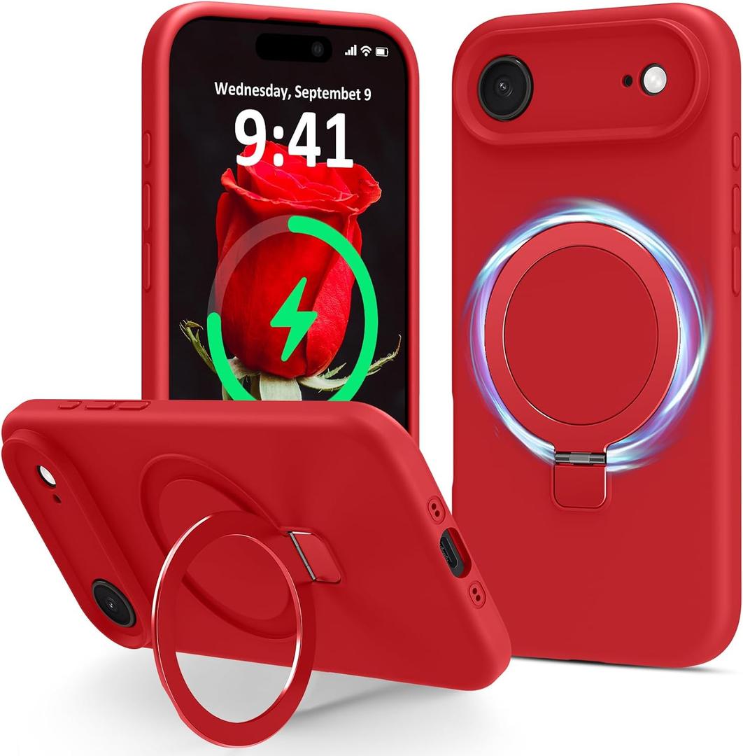 Compatible with iPhone Air Case with Stand, Full Camera Protection Slim Liquid Silicone Phone Cases for iPhone 17 Air Compatible with MagSafe Magnetic Ring Kickstand Case 6.5", Red