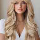 WIGER Long Wavy Hair With Bangs Flaxen Mix Blonde Curly Hair Synthetic Layered Wavy Wig for Women Daily or Costume Use Cosplay Party Wigs