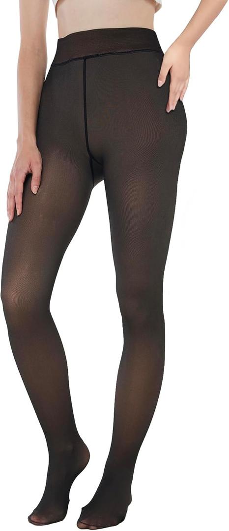 EXQUISLIFE Fleece Lined Tights Sheer Women - Fake Translucent Warm Pantyhose Leggings Sheer Thick Tights, for Winter (Medium, Black)