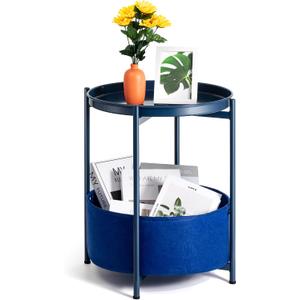 Round Side Table, Blue End Table with Storage Basket, Metal Night Stand with Removable Tray, Small Bedside Table for Living Room, Bedroom, Nursery(Blue)