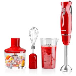 OVENTE Immersion Hand Blender Set, 300W Corded Electric Handheld Stick Mixer, 2 Mixing Speeds with Stainless Steel Blades, Egg Whisk, Beaker & BPA-Free Food Chopper, Red HS565R