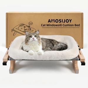 AMOSIJOY Cat Sill Window Perch Sturdy Hammock Window Seat with Cushion Bed Cover, Wood & Metal Frame for Large Cats, Easy to Adjust Cat Bed for Windowsill, Bedside, Drawer and Cabinet(Cushion Bed)
