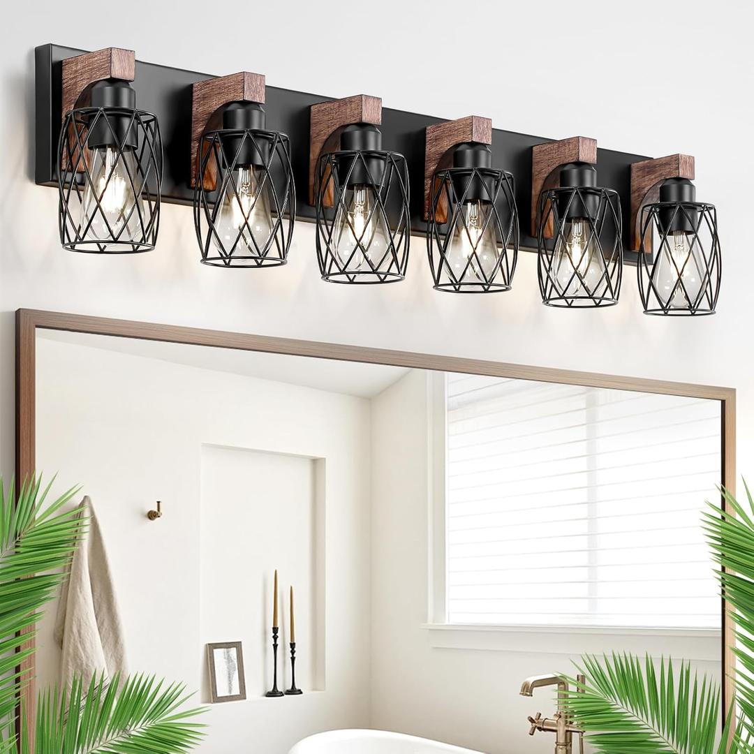 6-Light Vanity Light for Bathroom, Farmhouse Bathroom Light Fixtures Over Mirror, Rustic Black Wall Sconces with Cage Metal Shade for for Bathroom Bedroom, Hallway