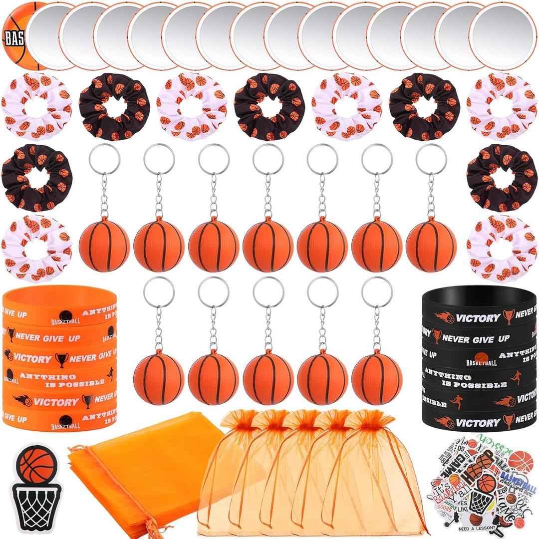 Suncalla 110 Pcs Basketball Party Favors for Women Basketball Team Gifts Bulk Include 3D Stress Keychains Scrunchies Bracelets Mirrors Stickers Gift Bags Goodie Bag Stuffers Sport Accessories Supplies