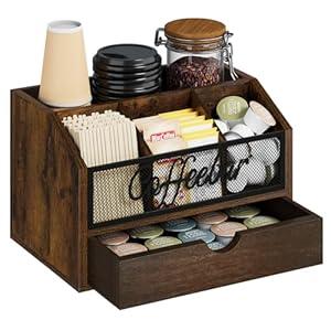 YINMIT Coffee Station Organizer for Countertop, Wood Coffee Bar Organizer with Removable Dividers for Pods, Syrup, Cups, Stirrer, Tea - Office Bar Accessories, Iron Mesh-Black (1 Tier)