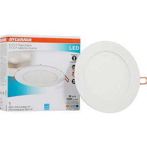 SYLVANIA LED 6" Slim Microdisk Recessed Downlight, Junction Box, 16W, 5 CCT Color Select (2700K / 3000K / 3500K / 4000K / 5000K), Dimmable, 1200 Lumens - 1 Pack (61405) SYLVANIA LED 6" Slim Microdisk Recessed Downlight, Junction Box, 16W, 5 CCT Color Select (2700K / 3000K / 3500K / 4000K / 5000K), Dimmable, 1200 Lumens - 1 Pack (61405)