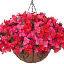 Artificial Fake Hanging Flower Plants Basket for Outdoors Spring Summer Decoration, Faux Bougainvillea Flowers in Planter Look Real UV Resistant Silk Flower for Outside Porch Patio Garden Home Decor (Hotpinkred)