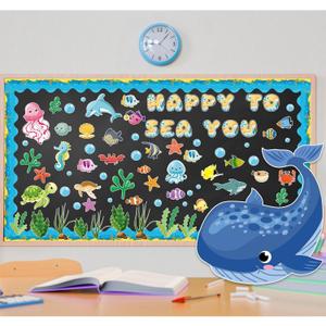 97 PCS Happy to Sea You Ocean Fish Bulletin Board Set Under The Sea Classroom Decorations Tropical Fish Cutouts Trim Strips for Summer Theme Party, Kids School Decor Ocean Themed Party Supplies