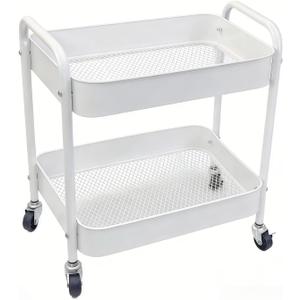 Under Desk Storage Cart 2 Tier Utility Rolling Cart with Wheels, Small Metal Mobile Trolley with Handle Two Tiered Utility Organizer Roller for Kitchen Office Bathroom Pantry Room, White