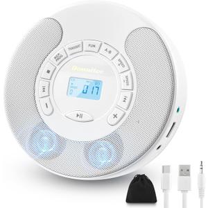 CD Player Portable, Rechargeable Dual Speakers Walkman, Bluetooth CD Player with Backlight LCD Display, AUX/USB Mode, Suitable for car
