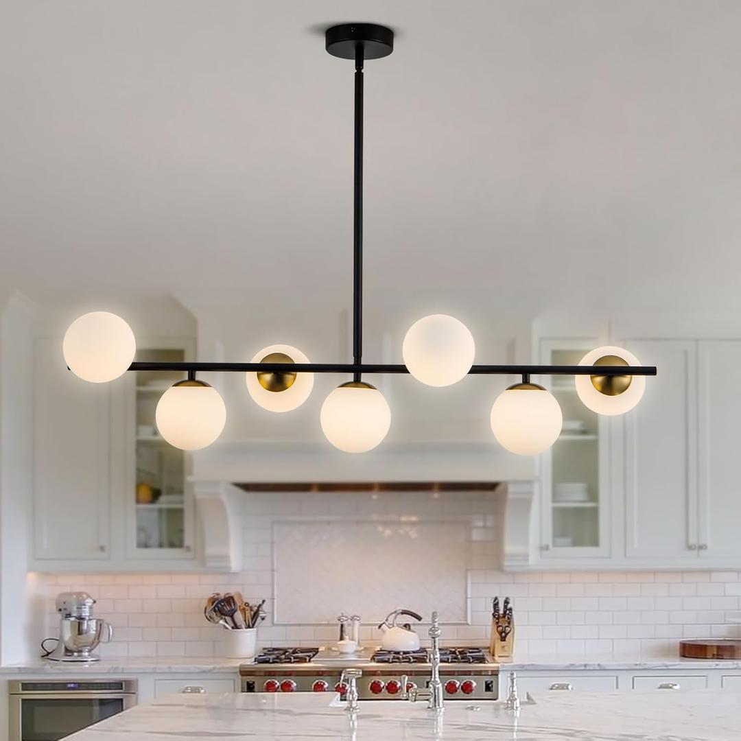 HuisMier 7 Lights Modern Sputnik Chandelier Mid Century Black and Brass Linear Pendant Light Fixture, Farmhouse White Glass Globe Chandelier for Dining Room Kitchen Living Room Bedroom Foyer