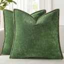 decorUhome Chenille Soft Cozy Throw Pillow Covers 22x22 Set of 2, Modern Farmhouse Boho Velvet Decorative Euro Sham Pillow Cases with Stitched Edge for Couch Sofa Bed Home Decor, Forest Green