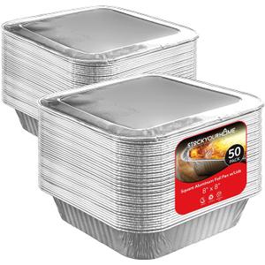 Stock Your Home 8 Square Foil Pans with Lids (50 Pack) - Foil Cake Pans with Covers - Aluminum Baking Pans - Disposable Cake Pans - 8 Inch Square Pans - Disposable & Recyclable Pans with Lids