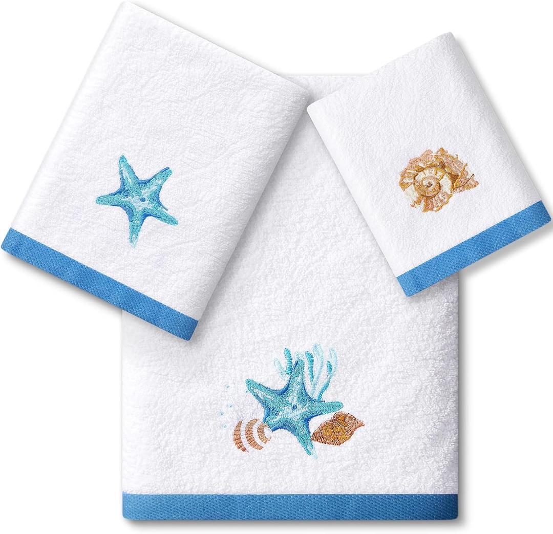 Peryiter 3 Pack Coastal Seashell Bath Towels Set -Cotton Starfish and Seashell Embroidery 1 Bath Towel 1 Hand Towel 1 Washcloth for Bathroom Kitchen Decorations Housewarming Gifts (White)
