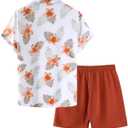 GORGLITTER Men's Hawaiian Matching Set Summer Beach 2 Piece Outfits Flower Button Down Shirts and Shorts Set (Orange, M)