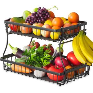 2 Tier Fruit Basket with 4 Banana Hangers, Improved Fruit Bowl for Kitchen Counter, Detachable Large Capacity Countertop Organizer Fruit Holder Stand for Vegetable Bread Snack Produce Storage