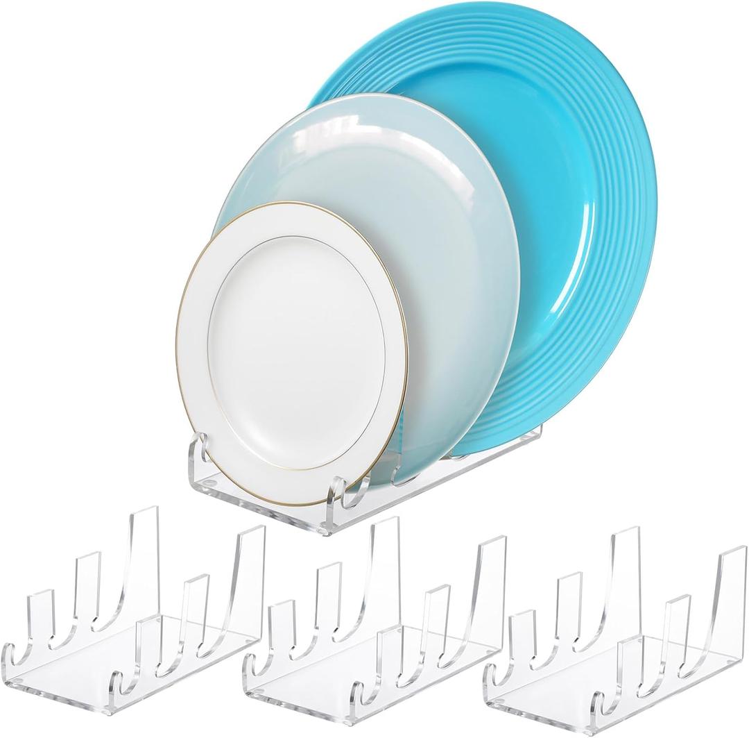 4 Pcs Acrylic 3 Tier Plate Stands for Display Clear Dinnerware Display Stand China Platters Holder Setting Racks for Kitchenware Cabinet Organizer, 7. 25 x 4 x 3. 5 Inch