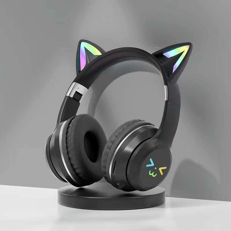 Cat Ear Bluetooth Headphones for Kids, Wireless Foldable Headphones with Microphone, LED Light Up Over Ear Headphones with Mic, for Home Office CellphoneiPhone/iPad/Laptop/PC (Black)