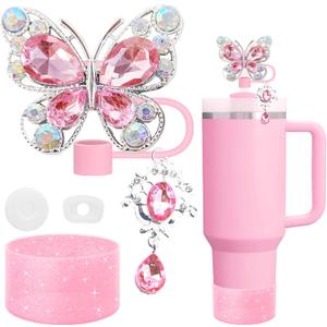 5pcs Pink Stanley Cup Accessories Set, Including Butterfly Straw Topper, Sparkly Silicone Boot, Stoppers Spill Proof, Shiny Charm Fits Stanley 40&30 Oz Tumbler with Handle