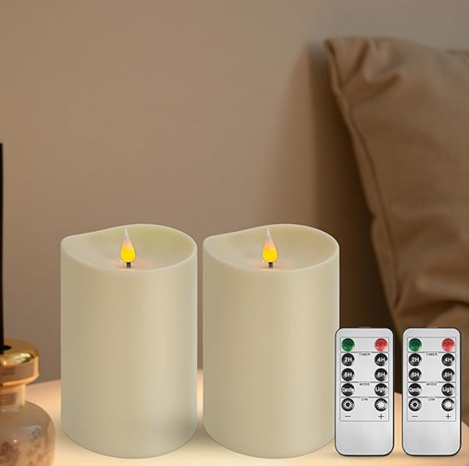 Set of 2 Flameless LED Candles with 2 Remotes, 4x6 Inch Battery Powered Plastic Pillar Candles, Flickering Flame with Timer & Dimming, Ivory – Elegant, Safe Lighting for Home, Wedding, Holiday