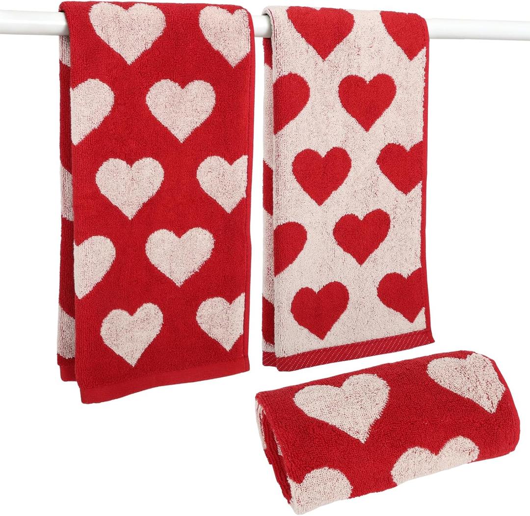3 PCS Valentines Day Hand Towels Red White Hearts 100% Cotton Bathroom Towel Decorative Absorbent Bath Towel for for Bathroom Kitchen Home Hotel Beach, 29.5 x 13.8 Inch
