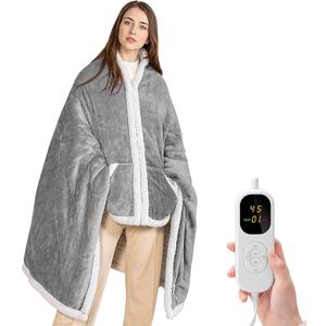 Heated Shawl Wraps for Women, Electric Heating Wearable Blanket Poncho with Deep Pocket, 5 Heating Levels, 1-10 Hours Timer Auto Shut-Off, 40x70 Inch, Gray - Gifts for Mom, Girlfriend, Grandmother