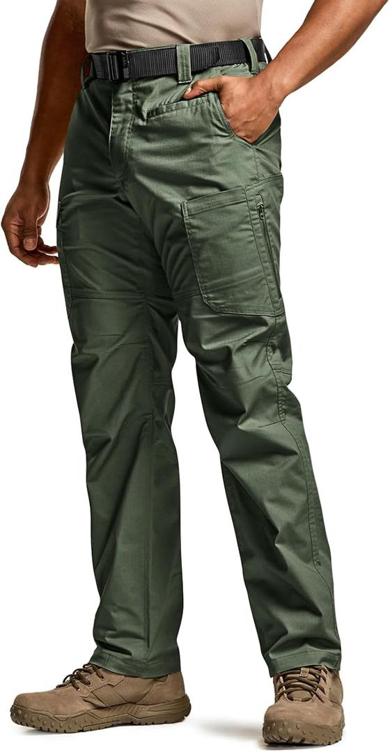 CQR Men's Utility Flex Cargo Pants, Classic-Fit Casual Stretch Work Pants, Water Resistant Lightweight Tactical Hiking Pants (Green)