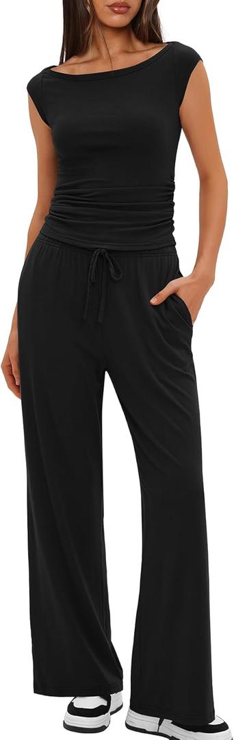 Darong Women 2 Piece Lounge Set Cap Sleeve Boat Neck Top Wide Leg Pants Set Summer Outfit Two Piece Mathing Set (Medium, Black(29" Inseam))
