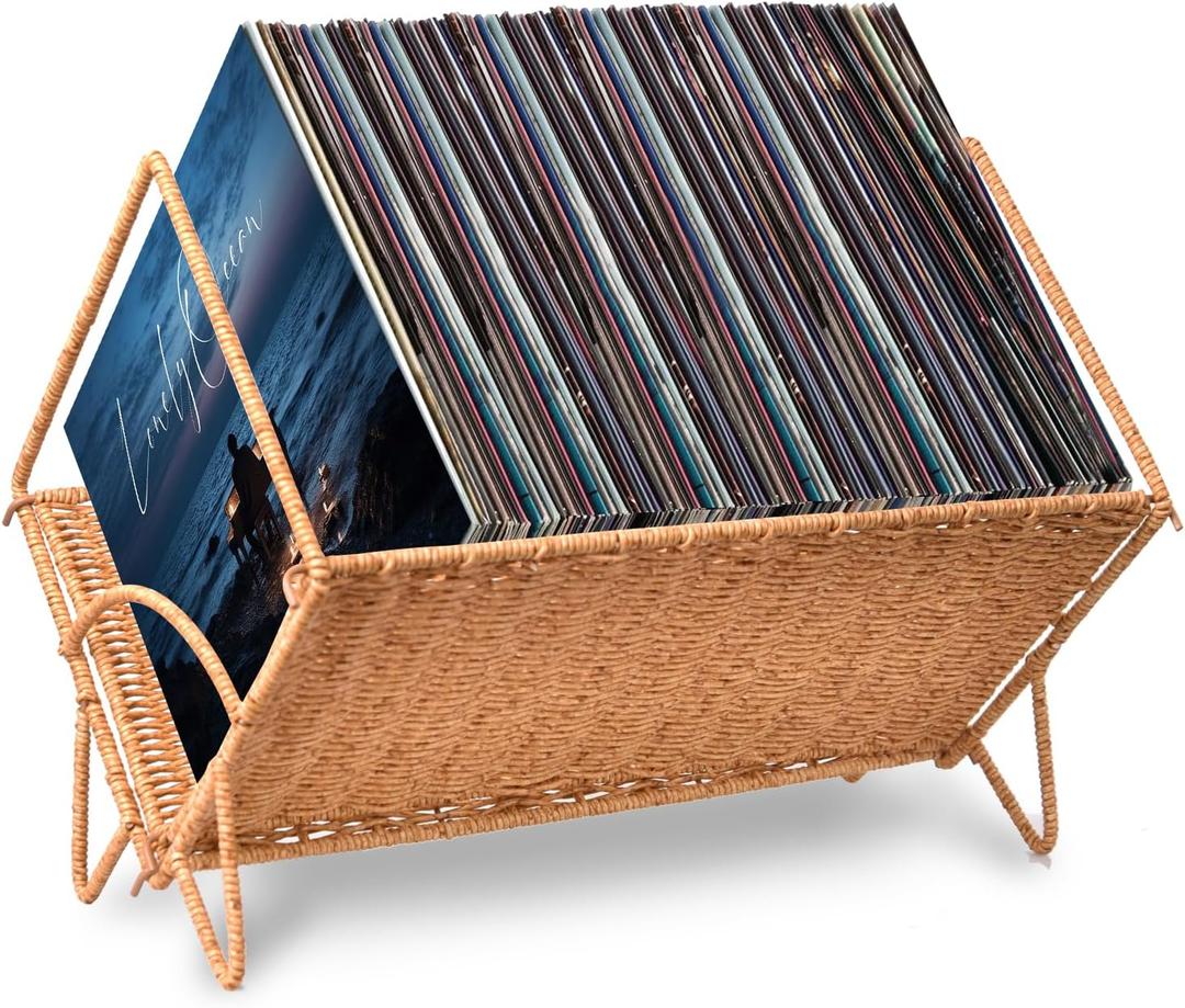 Demine Vinyl Record Storage Holder for 80 LPs, Stylish Woven Record Storage Rack, Multifunctional Vinyl Display Organizer for Album, Books, Magazines & Files, Caramel 