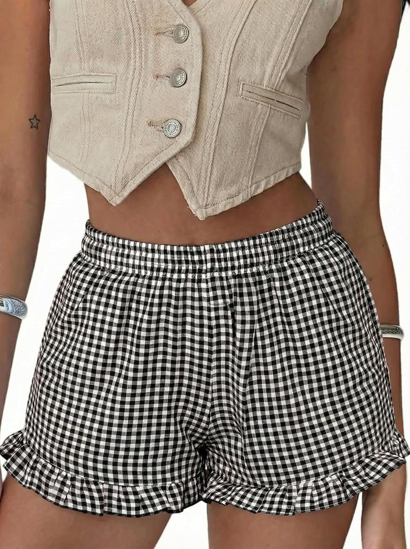 Casual Shorts for Women Gingham Boxer Shorts for 2026 Summer Beach Bottoms Black (Black, S)