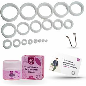 Phimosis Stretching Rings (20 Rings Set) with Fore-Stretch Cream, Tool, and 'How to Use' Booklet, White, 3,4,5,6,8,10,12....38mm