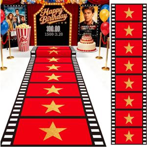 Woanger Plastic Movie Night Runner with Gold Star 30 μm Thickness Runner Rug Red Carpet Decor for Aisle Floor Runway Stage Stair Hallway Movie Theme Birthday Wedding Prom Party (3.3 x 50 Ft,Film)
