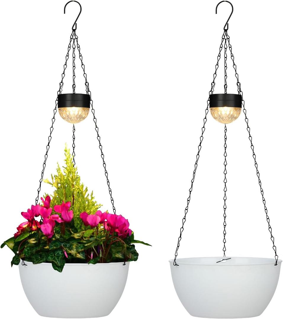 BAYN 2 Packs Solar Hanging Basket Planters for Plants Outdoor, Self Watering White Flower Plants Pots with Solar Light Drainer for Balcony Patio Garden Outdoor Decoration
