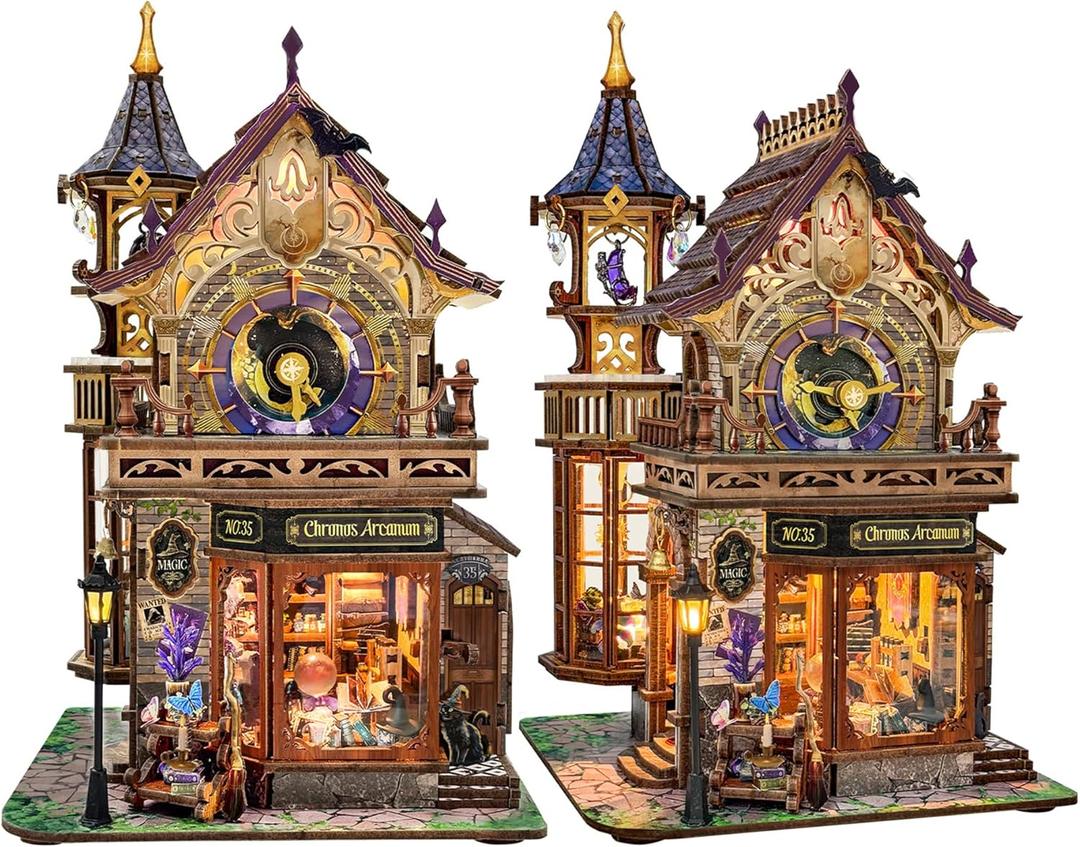 SUNNINO Miniature Dollhouse Kit, Book Nook Kit 3D Wooden Puzzles for Adults with Led Lights Tiny House Bookshelf Decor Christmas Birthday Craft Gifts for Adults and Teens, Time Magic Club