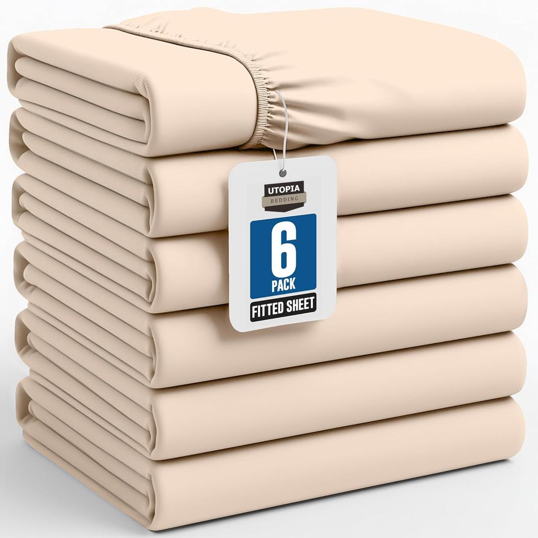 Utopia Bedding Twin Fitted Sheets - Bulk Pack of 6 Bottom Sheets - Soft Brushed Microfiber - Deep Pockets - Shrinkage & Fade Resistant - Easy Care (Beige)