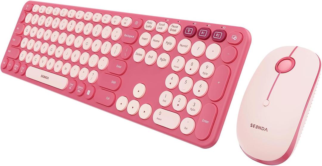 seenda Wireless Bluetooth Keyboard and Mouse Combo, COE202 Round Cute Keycaps, 3 Multi-Device Connection, Full Size Wireless Keyboard Mouse Compatible for PC/Laptop/Mac/MacBook/iPad/Tablet, Pink